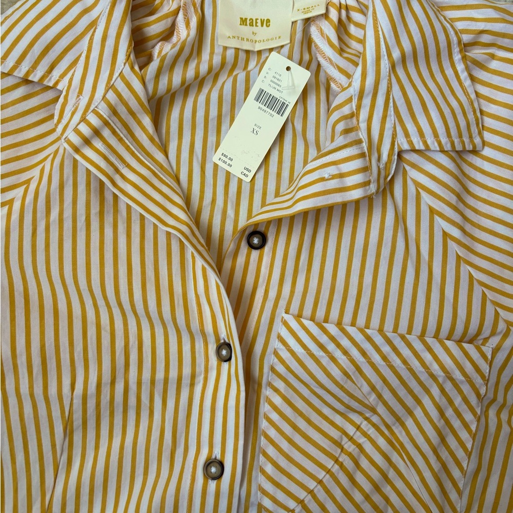Anthropologie Oversized yellow stripe blouse w/ puff sleeves, sz XS (can fit S) - Picture 2 of 6